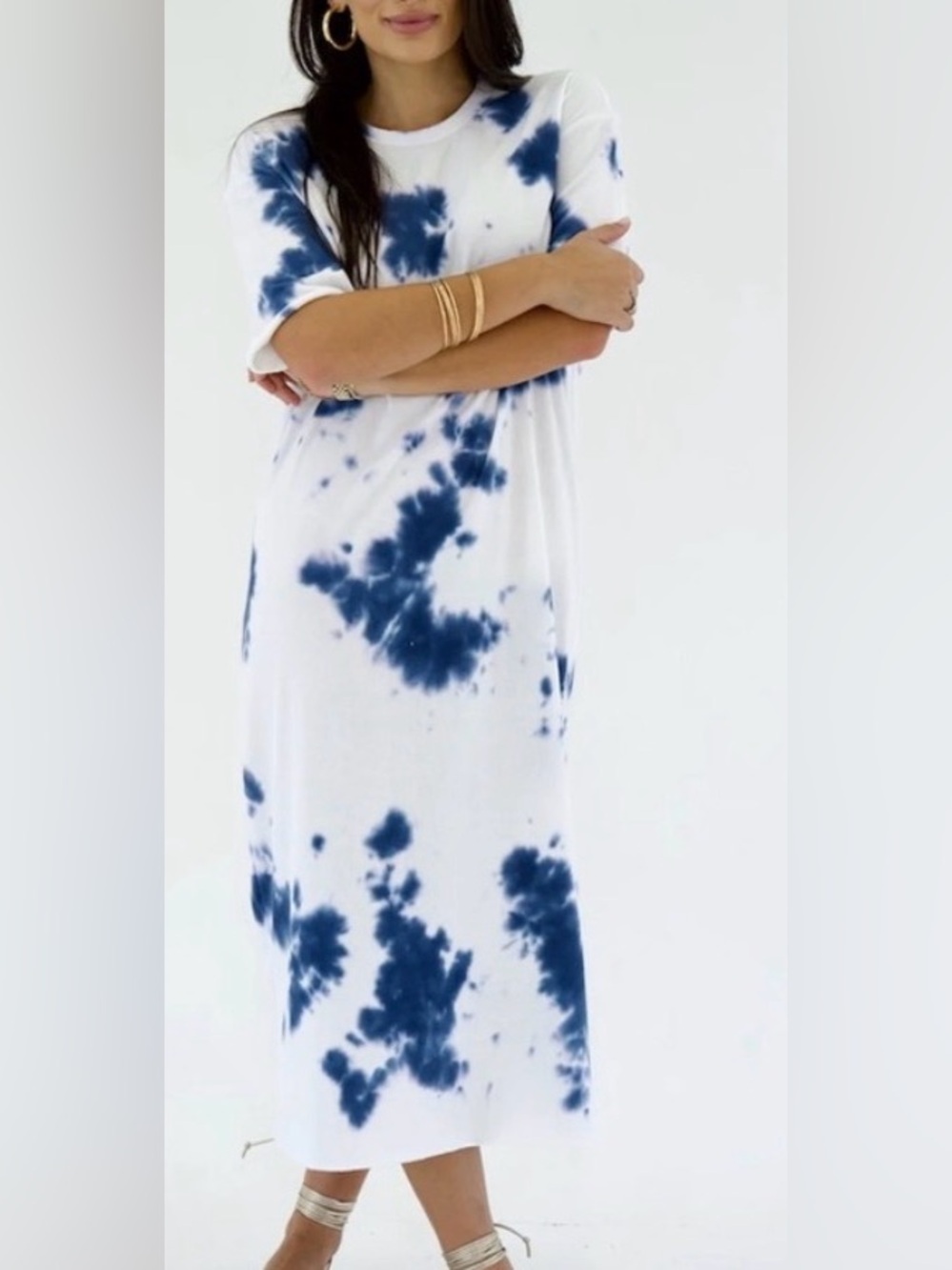 Olive & Tuesday Midi T Shirt Dress In Indigo Sea Tie Dye Print French Terry (XS)